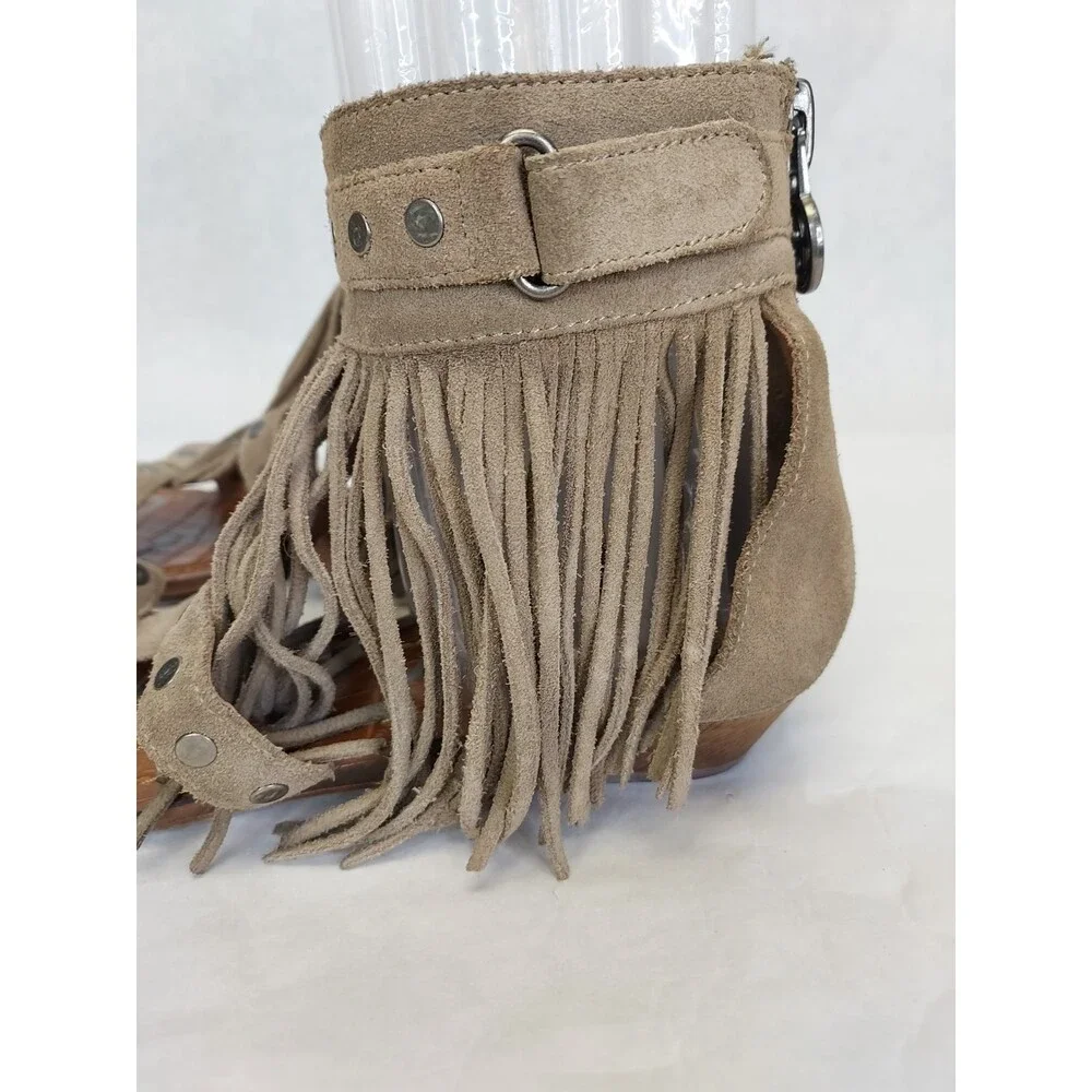 Sam Edelman Dazey Suede Sandals Womens 8 Gladiator Flat Boho Fringe Smokey Taupe - Picture 5 of 11